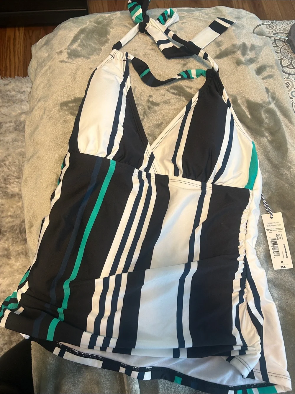Striped Black, White & Green Halter Swim Top